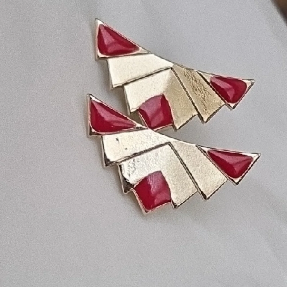 Rare Vintage Set 80s Gold-Tone & Red Enamel Geometric Earrings & Necklace - Picture 5 of 11